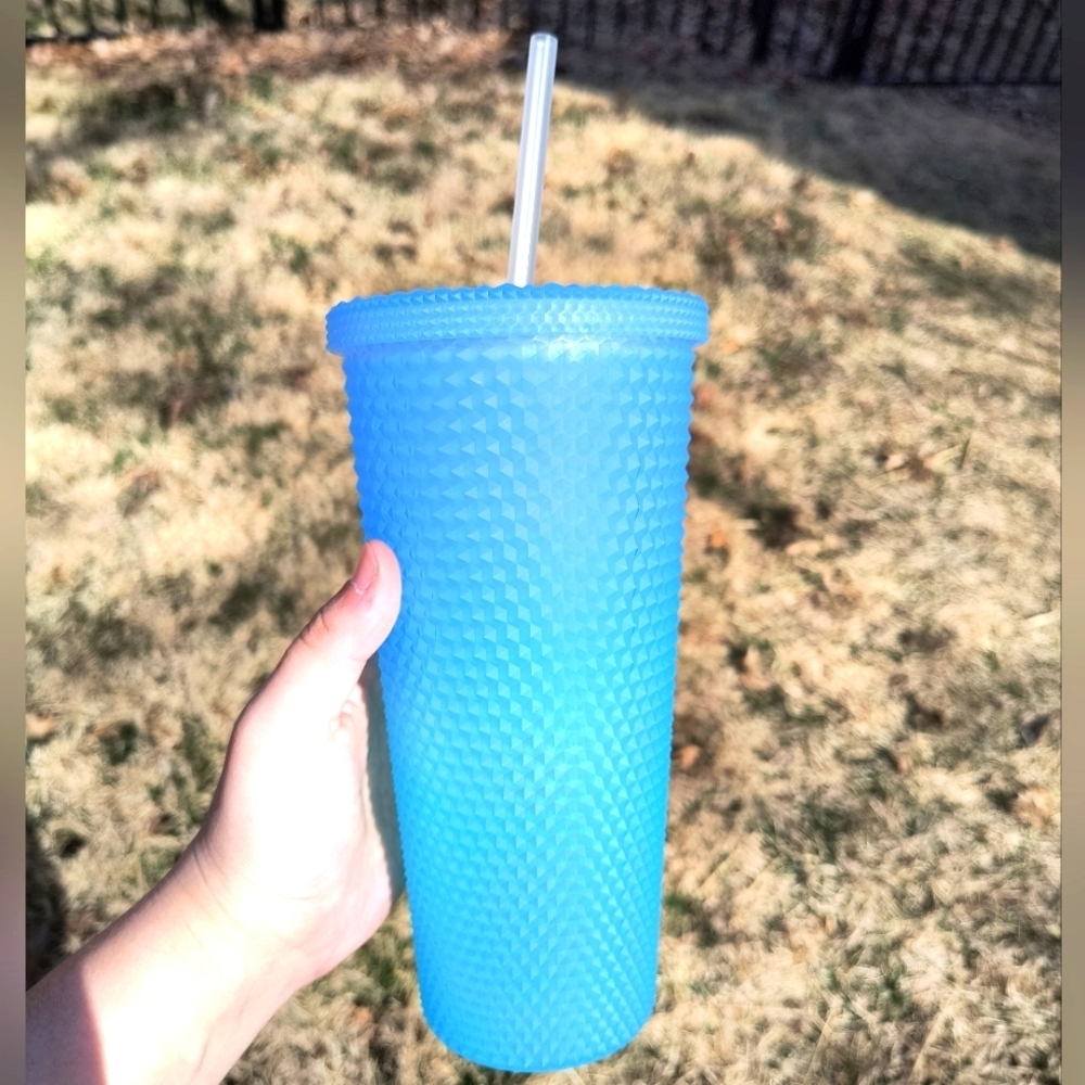Adorable Blue Textured reusable Studded Water Bottle Tumbler with Clear Straw